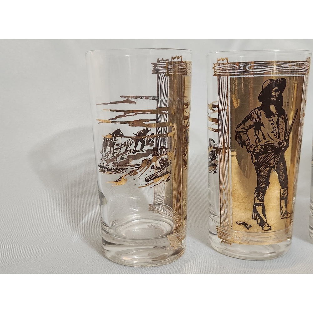 Rare MCM Charles Russell Cowboy Western 24K Gold  Highball Glass EUC Set Of 4 - Picture 3 of 8